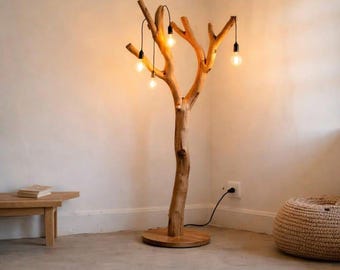 Luminária de chão artesanal em galho de árvore | Luminária rústica de madeira natural, estilo boho aconchegante