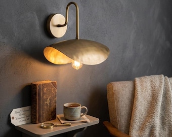 Handmade Brass Wall Sconce | Mid Century Modern Curved Arm Light, Antique Gold Finish