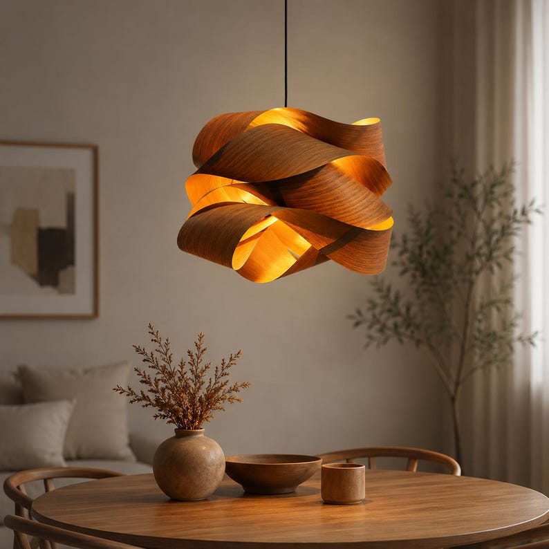 May include: A modern, wooden pendant light fixture with a layered, wave-like design. The warm, brown wood contrasts with the soft, golden light emanating from within. The fixture hangs above a wooden dining table, creating a cozy atmosphere.