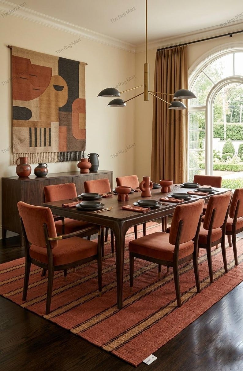 May include: A rectangular area rug featuring a terracotta and brown striped pattern with a textured weave. The rug is positioned under a dark wood dining table set with matching chairs, ceramic bowls, and plates in a dining room setting.
