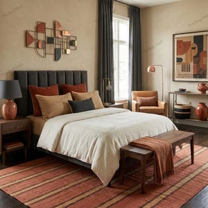May include: A rectangular area rug featuring a terracotta red base with horizontal stripes in dark brown and tan. The rug is positioned on a dark wood floor in a bedroom setting with a bed, wooden bench, and various furniture pieces in the background.