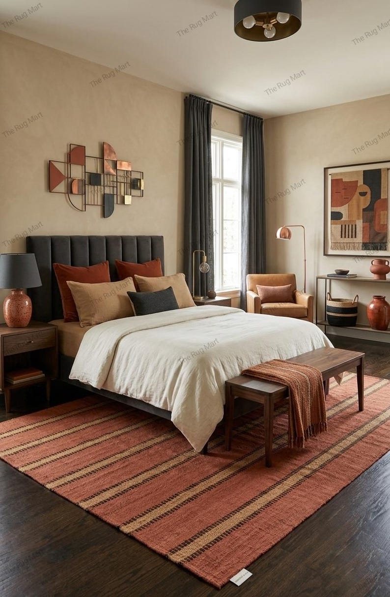 May include: A rectangular area rug featuring a terracotta red base with horizontal stripes in dark brown and tan. The rug is positioned on a dark wood floor in a bedroom setting with a bed, wooden bench, and various furniture pieces in the background.