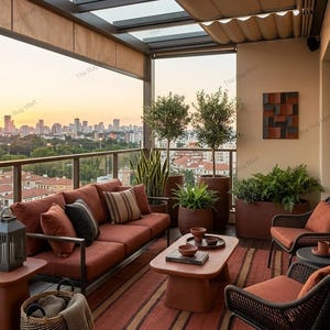May include: An outdoor balcony lounge set featuring a rust-colored sofa and two matching armchairs with dark frames. A striped rug sits beneath a low coffee table, potted plants, and a woven basket. A retractable canopy covers the space.