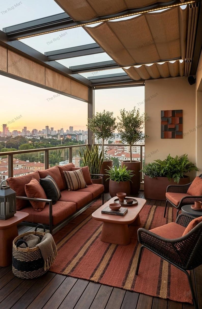 May include: An outdoor balcony lounge set featuring a rust-colored sofa and two matching armchairs with dark frames. A striped rug sits beneath a low coffee table, potted plants, and a woven basket. A retractable canopy covers the space.