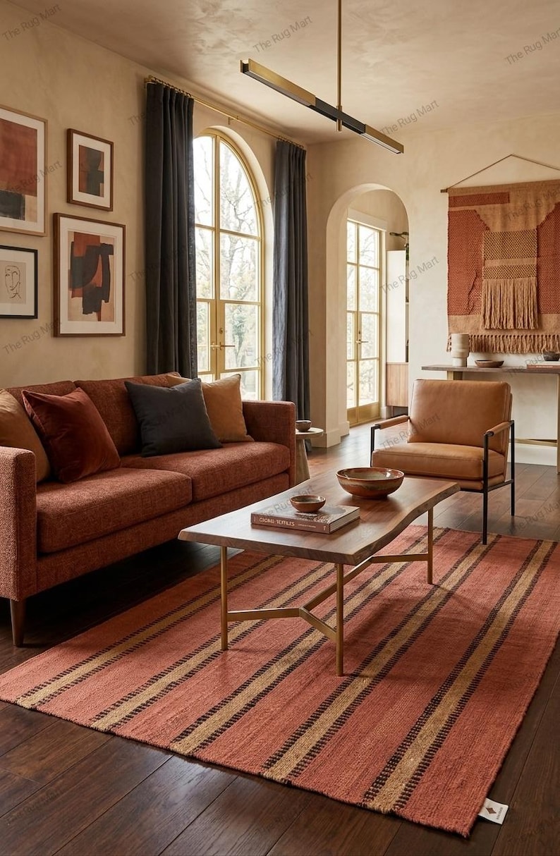 May include: A rectangular area rug featuring a terracotta orange base with horizontal stripes in dark brown and tan. The rug is positioned in a living room setting with a wooden coffee table, a rust-colored sofa, and a leather armchair.