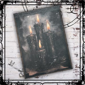 May include: A framed print featuring four black candles with dripping wax and flickering orange flames. The artwork has a dark, gothic aesthetic, with a wooden frame and a decorative border. The background is a white brick wall.