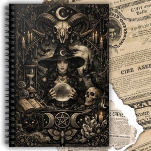May include: Spiral-bound notebook with a dark, gothic illustration. The cover features a woman in a witch hat holding a crystal ball, surrounded by skulls, candles, and a black cat. The design is in sepia tones.