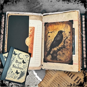 May include: An open journal with aged, cream-colored pages. The left side features a black pocket and a small booklet labeled Book of Shadows with butterfly and moon illustrations. The right side displays a rectangular print of a black crow on a branch.