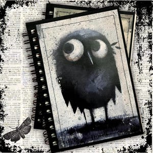 Puede incluir: Un cuaderno de espiral con una ilustración oscura y texturizada de un pájaro negro y redondo con ojos grandes y abiertos. La portada tiene un efecto de pintura salpicada sobre un fondo claro, con una encuadernación de espiral negra al lado.