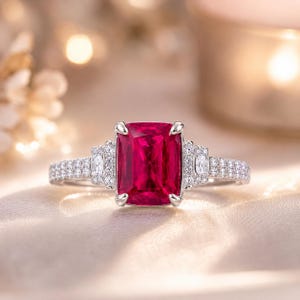 2.90 CT Emerald Cut Natural Ruby & Diamond Ring | 14K White Gold Engagement (IGL Certified)