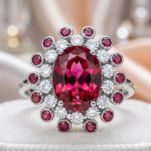 Anello di fidanzamento in oro bianco 14 carati con rubino naturale taglio ovale da 3,40 carati e diamanti (certificato IGL)