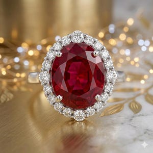 May include: A silver-toned ring featuring a large, oval-cut deep red gemstone at the center. The central stone is surrounded by a halo of small, round, clear white stones set in a metal frame, with a polished band extending from the sides.