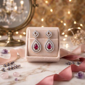 Può includere: Un paio di orecchini pendenti color argento con una pietra rossa centrale a forma di goccia circondata da due aloni concentrici di piccole pietre chiare. Gli orecchini hanno una parte superiore circolare con un alone di pietre chiare.