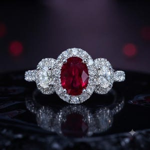 Puede incluir: Un anillo de tres piedras con un rubí rojo intenso de corte ovalado en el centro, rodeado por un halo de pequeños diamantes blancos redondos. Dos diamantes blancos ovalados más pequeños flanquean la piedra central en una banda plateada.