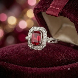 May include: A silver-toned ring featuring a rectangular emerald-cut red gemstone at the center, surrounded by a halo of small round white stones. The ring has a detailed metal band and is presented inside a deep red velvet jewelry box.