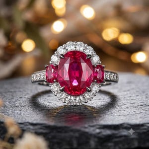 May include: A silver-coloured ring featuring a large oval-cut vibrant red centre stone, flanked by two smaller oval red side stones, all surrounded by a halo of small round white stones set along the band and the central cluster setting.