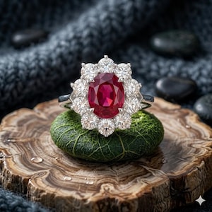 Op de afbeelding: Een zilverkleurige ring met een grote, ovaal geslepen dieprode robijn in het midden, omringd door een halo van tien ronde, briljant geslepen helderwitte diamanten. De ring is gezet op een gepolijste metalen band met een klassiek bloemmotief.