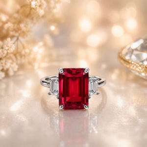 May include: A silver-toned ring featuring a large, rectangular emerald-cut red gemstone as the centrepiece, flanked by two smaller, rectangular baguette-cut clear white gemstones on each side, set on a polished metallic band.