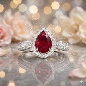 May include: A ring featuring a large, pear-cut ruby surrounded by a halo of diamonds, set in a silver or white gold band. The band is also adorned with diamonds. The ring is displayed on a reflective surface, showcasing its brilliance.