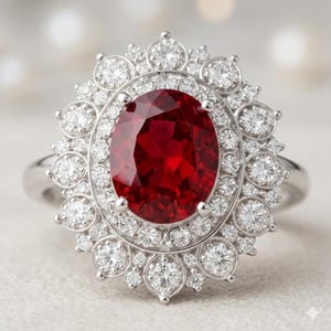 Puede incluir: Un anillo de tono plateado con una gran piedra preciosa de color rojo intenso y corte ovalado en el centro. La piedra central está rodeada por un doble halo de pequeñas piedras blancas redondas y claras en un engaste metálico festoneado.