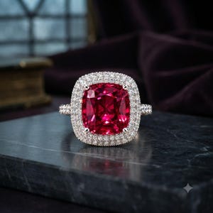 Op de afbeelding: Een ring met een levendig rode edelsteen in kussenslijpvorm, voorzien van een dubbele halo van kleine, heldere, rondgeslepen witte stenen in een zilverkleurige band. De centrale rode steen heeft een gefacetteerd oppervlak dat licht reflecteert.