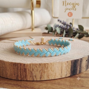 Miyuki half-tila kralenarmband in ondoorzichtig mat turquoise en goud, chevron geweven sieraad, delicate handgemaakte armband, boho chic cadeau
