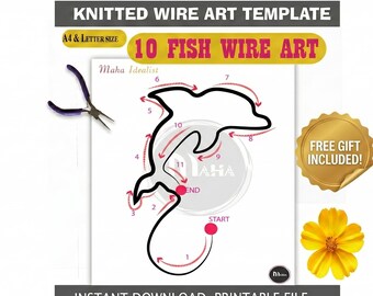 10 Knitted Wire Art Fish Template, fish Wire Art Template, Icord Tricotin Font Template, Wire Bending PDF Instant Download Dolphin icordSae2