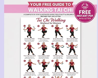 Tai Chi Chair Workouts For women, Printable PDF Guide Free Tai Chi Exercise Chart PDF, Gentle Senior Chair Workout Poster, Elderly women M19