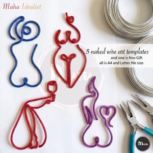May include: Four wire art figures in blue, red, and purple, alongside two silver wire coils and pliers. Text reads: Maha Idealist, 5 naked wire art templates and one is free Gift all is A4 and Letter file size. These are line art body shapes.