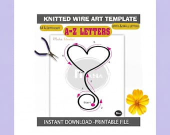 Printable Heart template for wire art, cursive Love template, Tricotin hearted i-cord wire art , mesh names, font A4 and Letter PDF SAE 1