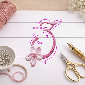 May include: A handmade pink crochet number three with a flower embellishment. The number is displayed on a white surface with a spool of pink yarn, a bowl of silver rings, gold scissors, and a gold pen.