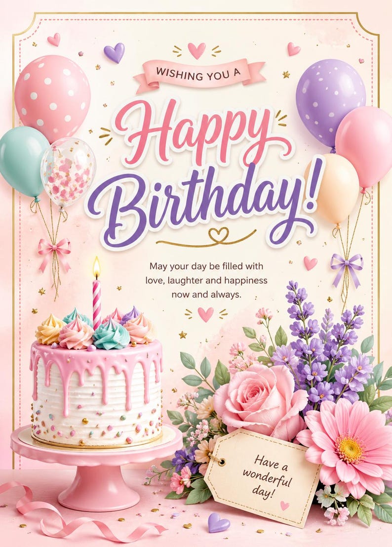 Pastel Floral Birthday Card, Happy Birthday Greeting, 5x7 Printable ...