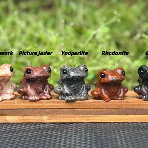Könnte beinhalten: Fünf geschnitzte Froschfiguren aus Stein in verschiedenen Farben: Beige, Dunkelrot, Grau, Rötlichbraun und Schwarz. Jeder Frosch sitzt auf einer kleinen Holzplattform. Die Namen der Steine sind über jedem Frosch beschriftet: Red network, Picture Jader, Yooperlite, Rhodonite und Garnet.