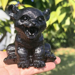 Könnte beinhalten: Eine kleine, polierte schwarze Figur, die als sitzendes Löwenjunges geschnitzt ist. Die Skulptur zeigt detaillierte Fellstrukturen, große abgerundete Ohren und ein offenes Maul mit sichtbaren Zähnen, was einen verspielten Ausdruck erzeugt.