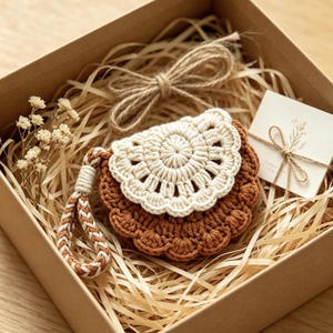 Può includere: Una piccola pochette rotonda all'uncinetto marrone con una patta circolare smerlata color crema e un cinturino da polso intrecciato. La pochette è inserita in una scatola regalo quadrata di cartone con carta sminuzzata, fiori secchi e un biglietto.