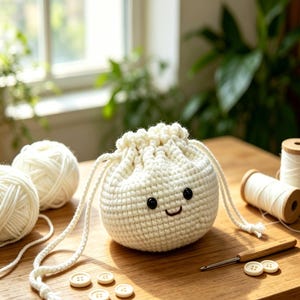 May include: A handmade, off-white crochet drawstring pouch with a smiling face, black eyes, and a stitched mouth. The pouch is on a wooden surface with white yarn balls, buttons, and a crochet hook. The background includes a window and greenery.