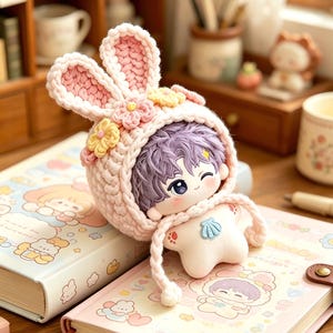 May include: A plush doll with purple hair and a winking face, wearing a pink crocheted bunny hat adorned with yellow and pink flowers. The doll is resting on a pink and blue illustrated notebook with a matching design.