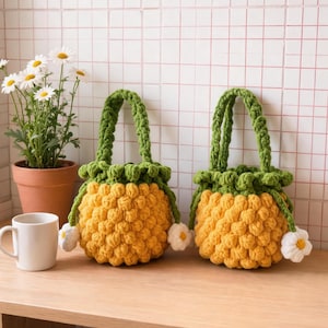Pineapple bag – crochet drawstring purse with popcorn stitch texture