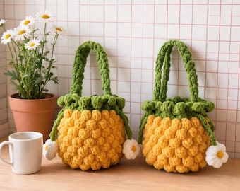 Torebka Ananas – szydełkowa torebka ze ściągaczem o fakturze ściegu popcorn