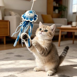 May include: A playful kitten reaching for a blue and white crochet jellyfish toy. The cat has light brown and tan fur and is sitting on a patterned rug. The toy is suspended from a string.