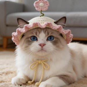 May include: A Ragdoll cat with striking blue eyes wearing a handmade crochet hat with a pink flower and a yellow bow. The hat has a cream-colored base with a pink scalloped brim. The cat is lying on a beige carpet.