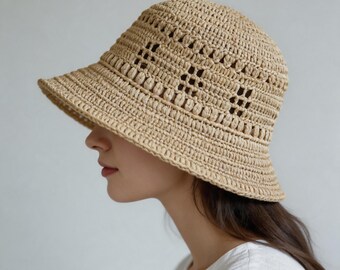 Raffia Sommerhut Muster – Breite Krempe Boho Sonnenhut – Geschenk Strand Urlaub