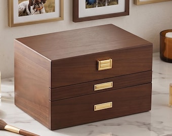 Walnut Jewelry Box with Watch Pillows, 3-Drawer Solid Wood Ring and Bracelet Organizer, Luxury Velvet Lined Chest with Gold Hardware