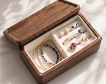Walnut Wood Jewelry Box, Minimalist Jewelry Organizer with Lid, Small Wooden Rings and Earrings Storage Case, Travel Jewelry Box