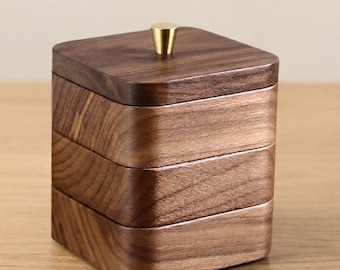 Solid Walnut Wood Jewelry Box, 3-Tier Stackable Jewelry Organizer with Brass Handle, Minimalist Small Trinket Box for Rings Earrings