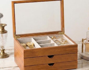 Wooden Jewelry Box with Glass Lid, 3-Tier Organizer for Necklaces Bracelets and Earrings, Large Jewelry Storage with 2 Drawers