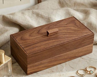 Walnut Jewelry Box, 2-Tier Wooden Jewelry Organizer, Minimalist Jewelry Storage with Lid, Solid Wood Ring & Earring Tray