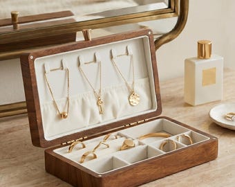 Walnut Jewelry Box, Wooden Jewelry Organizer, Luxury Velvet Lined Jewelry Storage Case
