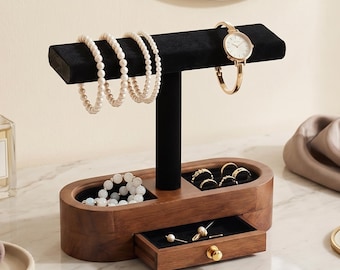 Walnut Wood Jewelry Organizer with Drawer, T-Bar Bracelet Display Stand, Velvet Watch Holder, Wooden Jewelry Box for Rings