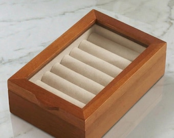 Wooden Ring and Earring Box with Glass Lid, Jewelry Organizer Case, Small Jewelry Display, Jewelry Storage Box